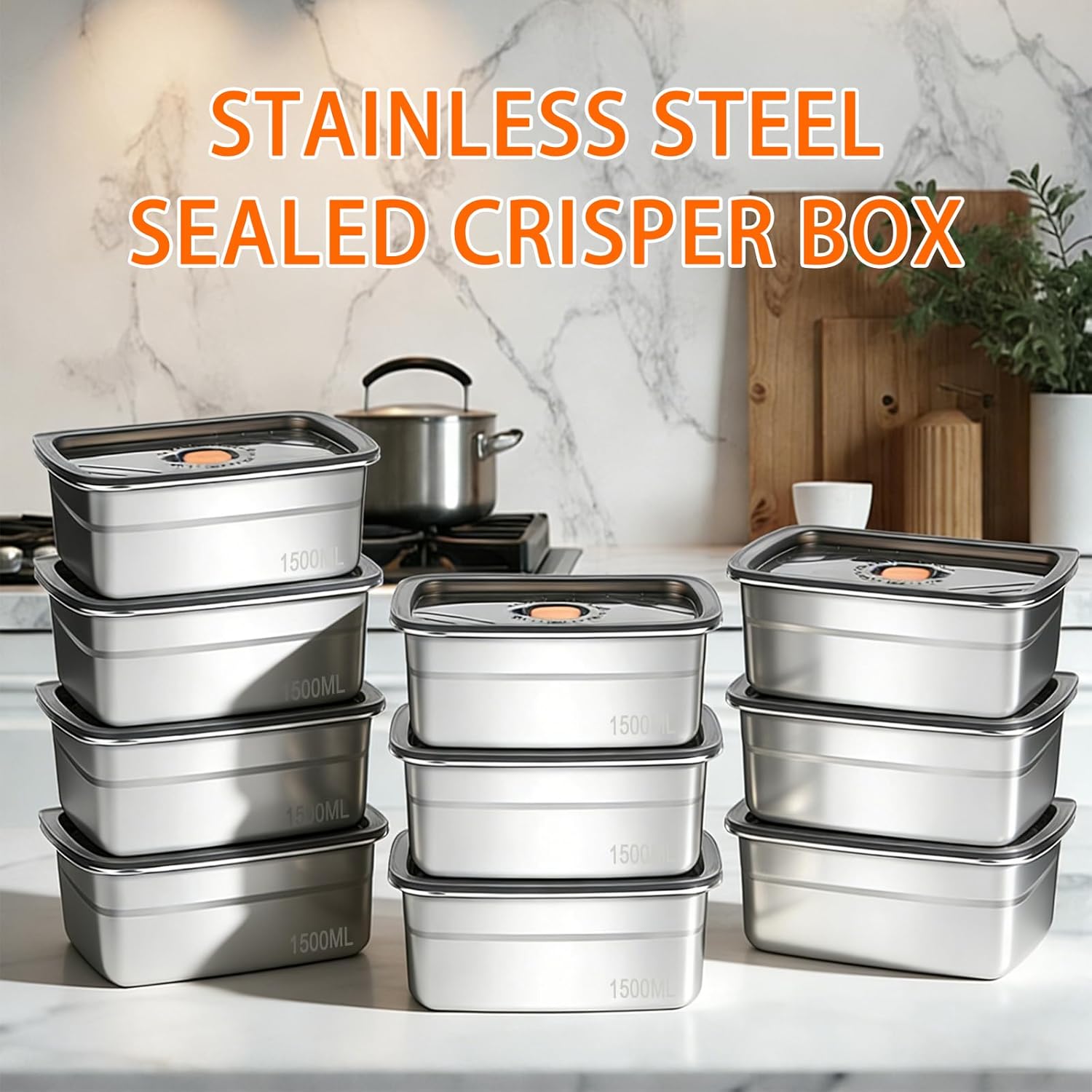 10PCS 50oz Stainless Steel Food Storage Containers with Airtight Lids, 1500ml Reusable Metal Meal Prep Container for Picnic Travel, Stackable Kitchen Lunch Snack Box, Freezer & Dishwasher Safe