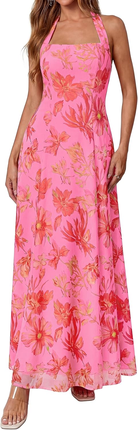 KIRUNDO Women's Summer Sleeveless Halter Floral Maxi Dress 2026 Beach Wedding Guest Cocktail Mesh Flowy A Line Long Sundress
