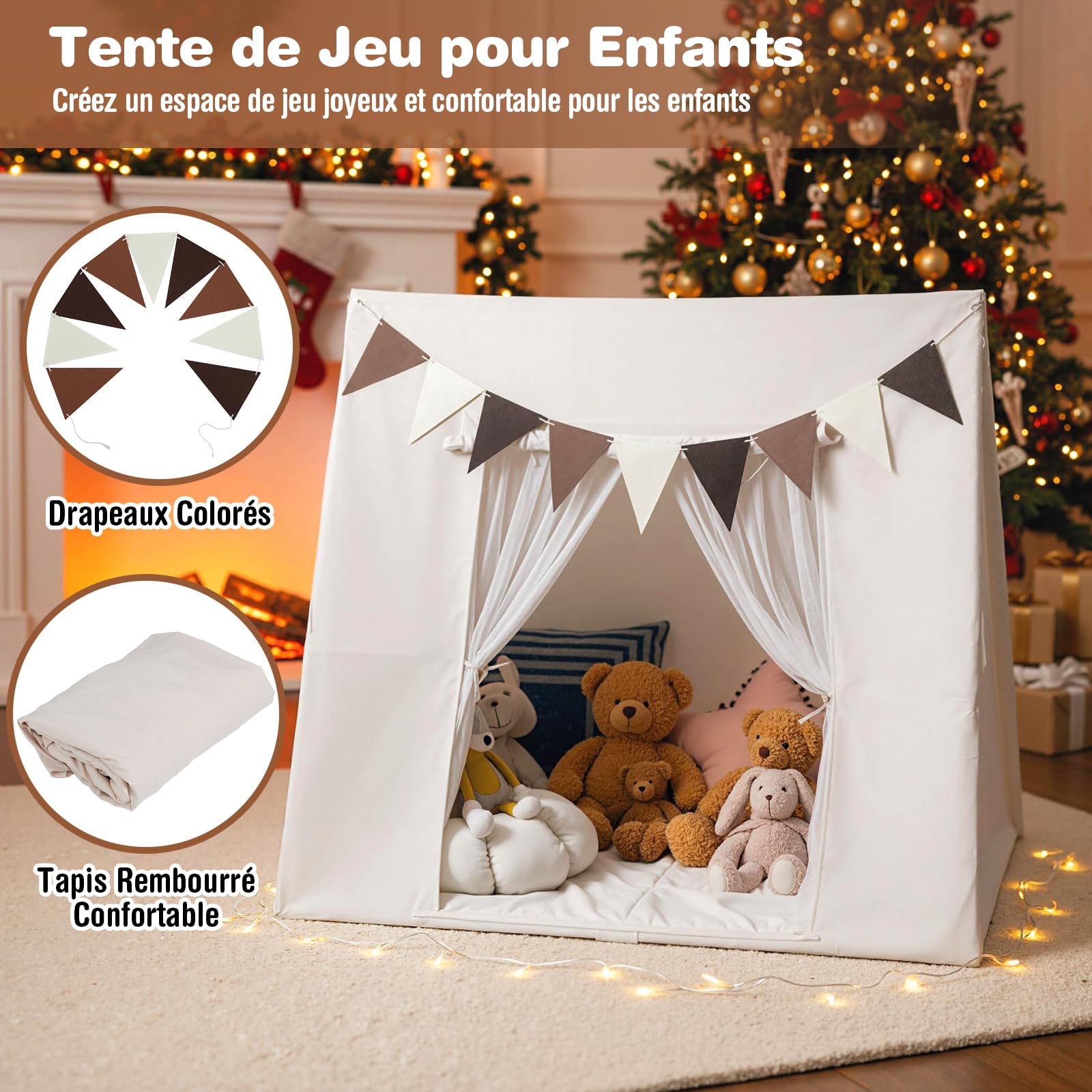 COSTWAY Tente de Jeux Enfant avec Drapeaux & Tapis, Cabane Enfant Intérieure Triangle avec Fenêtres & Tissu Lavable, Style Princesse pour 2-3 Enfants de 3 Ans+