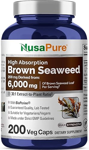 NusaPure Extracto 30:1 de algas marrones, 200 mg equivalente a 6,000 mg 200 cápsulas vegetales - (vegano, bioperina sin transgénico)