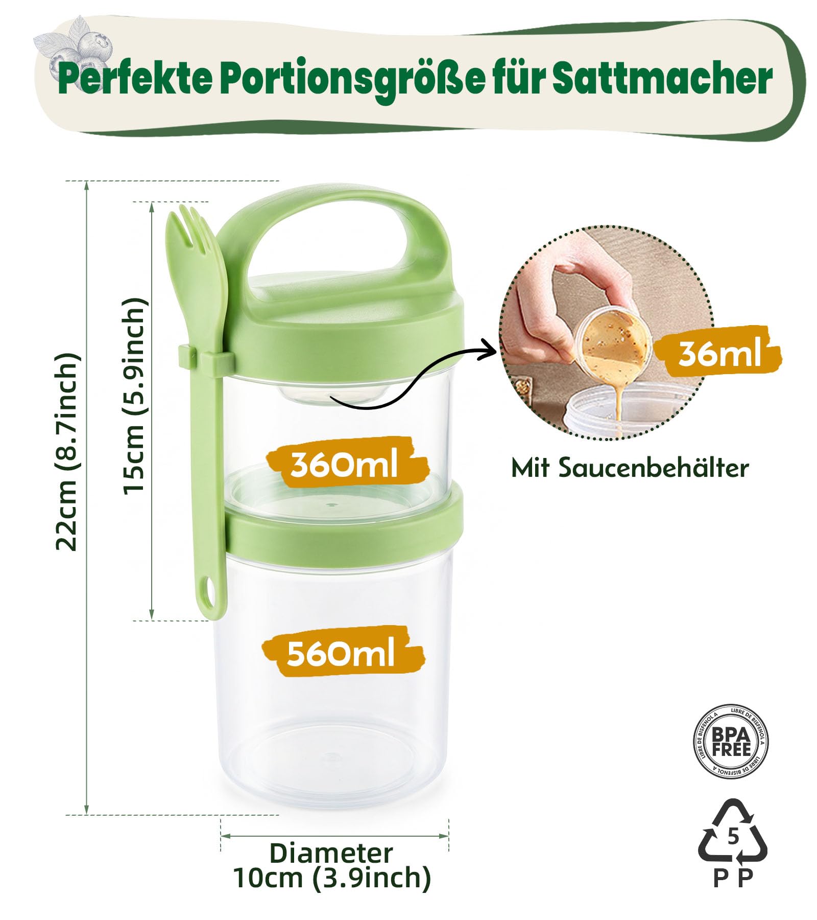 Ugotit Müslibecher to Go, Joghurtbecher to Go mit Löffel & kleinem Soßenbecher, 360ml+560ml Müsli to go Becher, Joghurt to Go Becher für Overnight Oats, Arbeit, Schule, Fitness, Picknick (2 Stück)