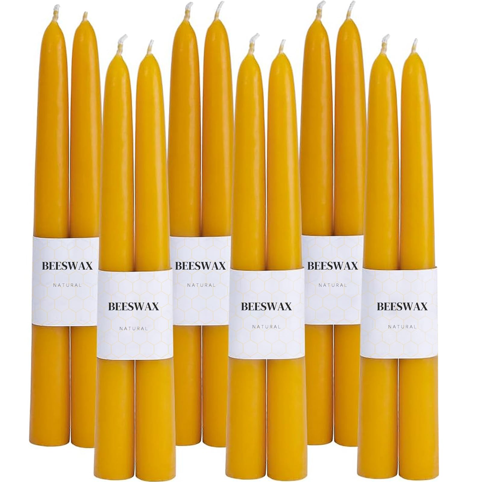 12Pcs Beeswax Taper Candles, 10 Hour Yellow Dinner Candles