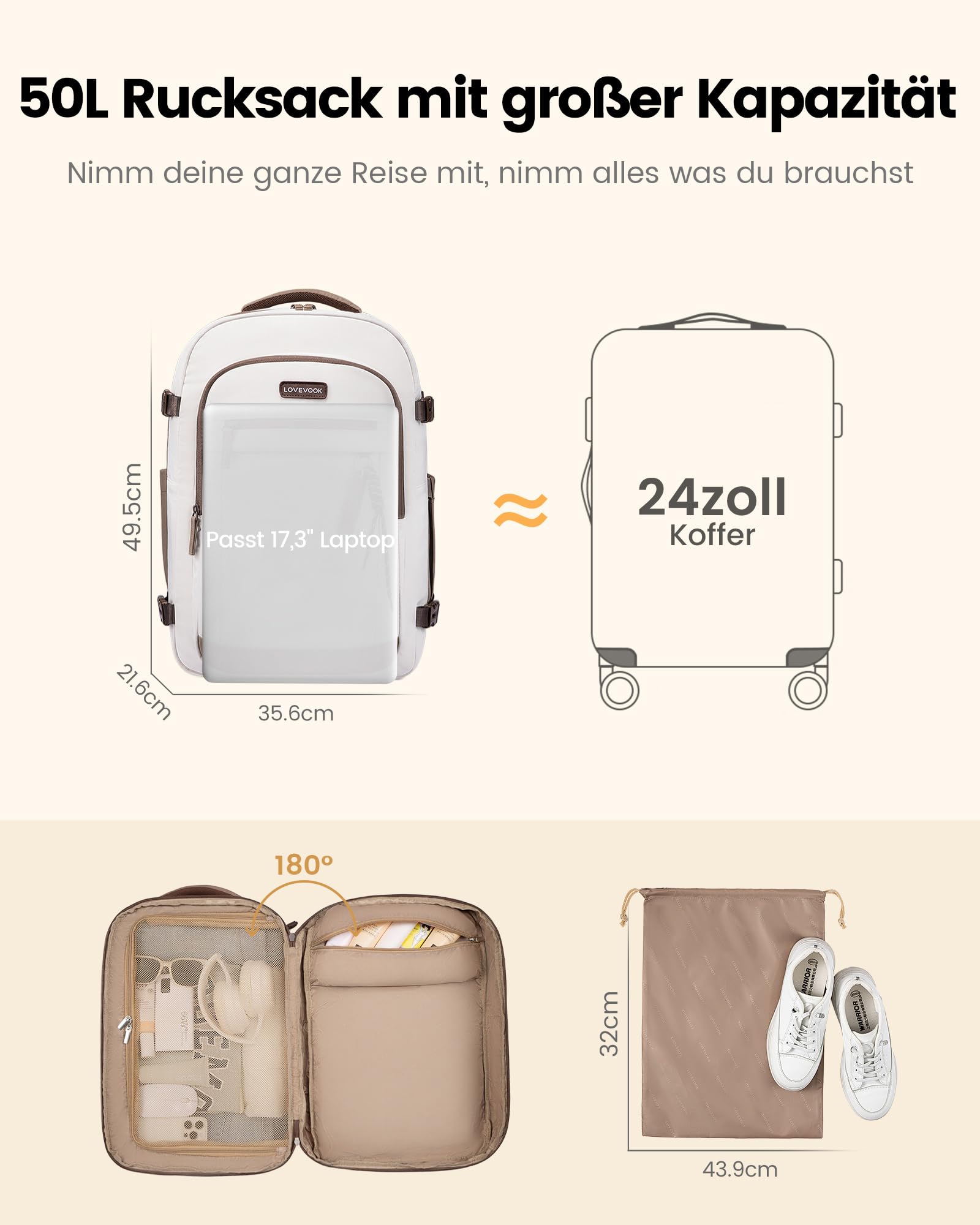 LOVEVOOK Reiserucksack Handgepäck Flugzeug 50L Groß Rucksack Damen | Travel Backpack für 15,6 Zoll Laptop, Carry on Kofferrucksack Rücksack für Reisen Weekender Arbeit Geschäftsreise Business