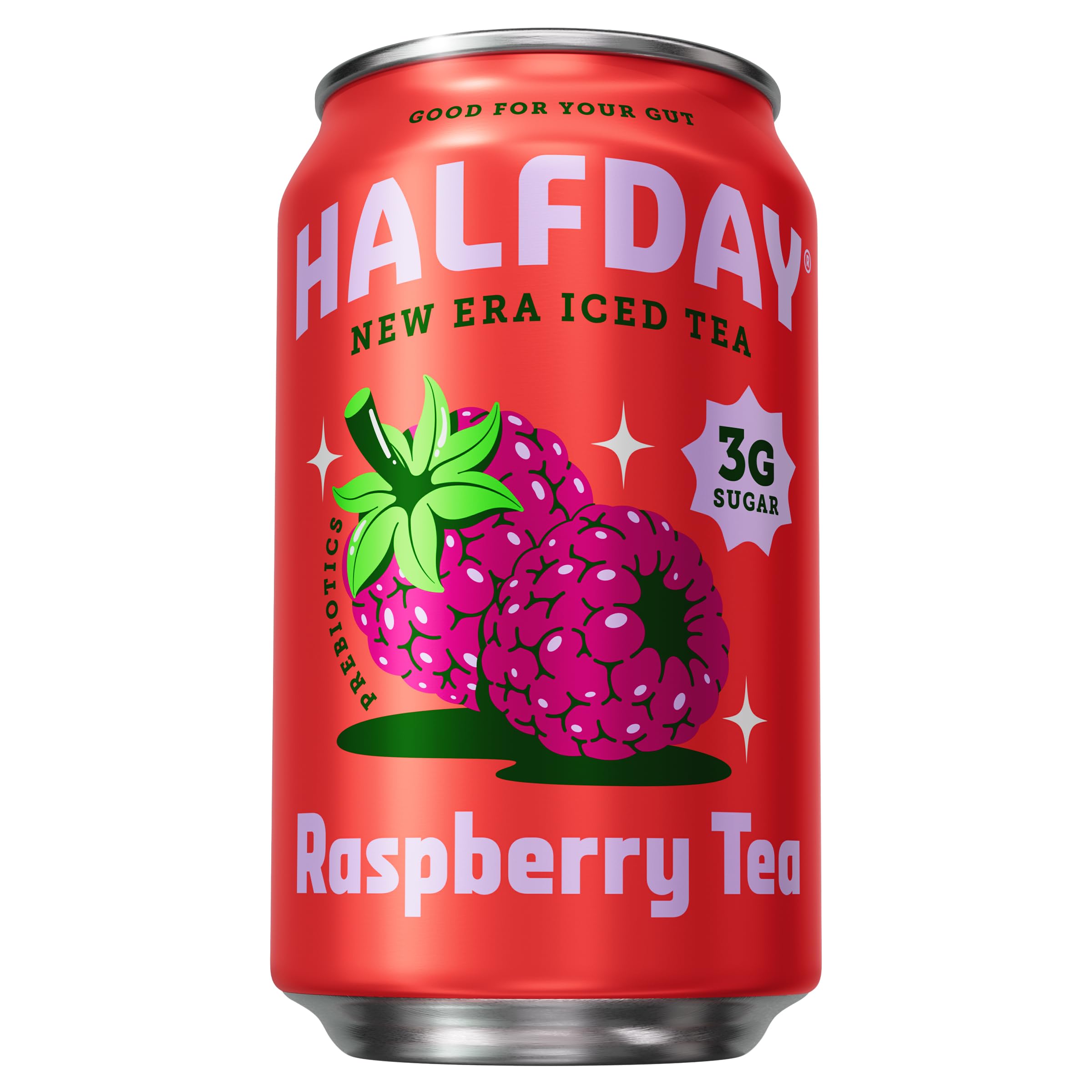 Halfday, Prebiotic Raspberry Iced Tea Cans Supports Digestive Health & Gut Health 8g Plant Fiber & Prebiotics Gluten Free Paleo Low Calorie Low Sugar Organic Tea 12 Fl Oz, 355 mL