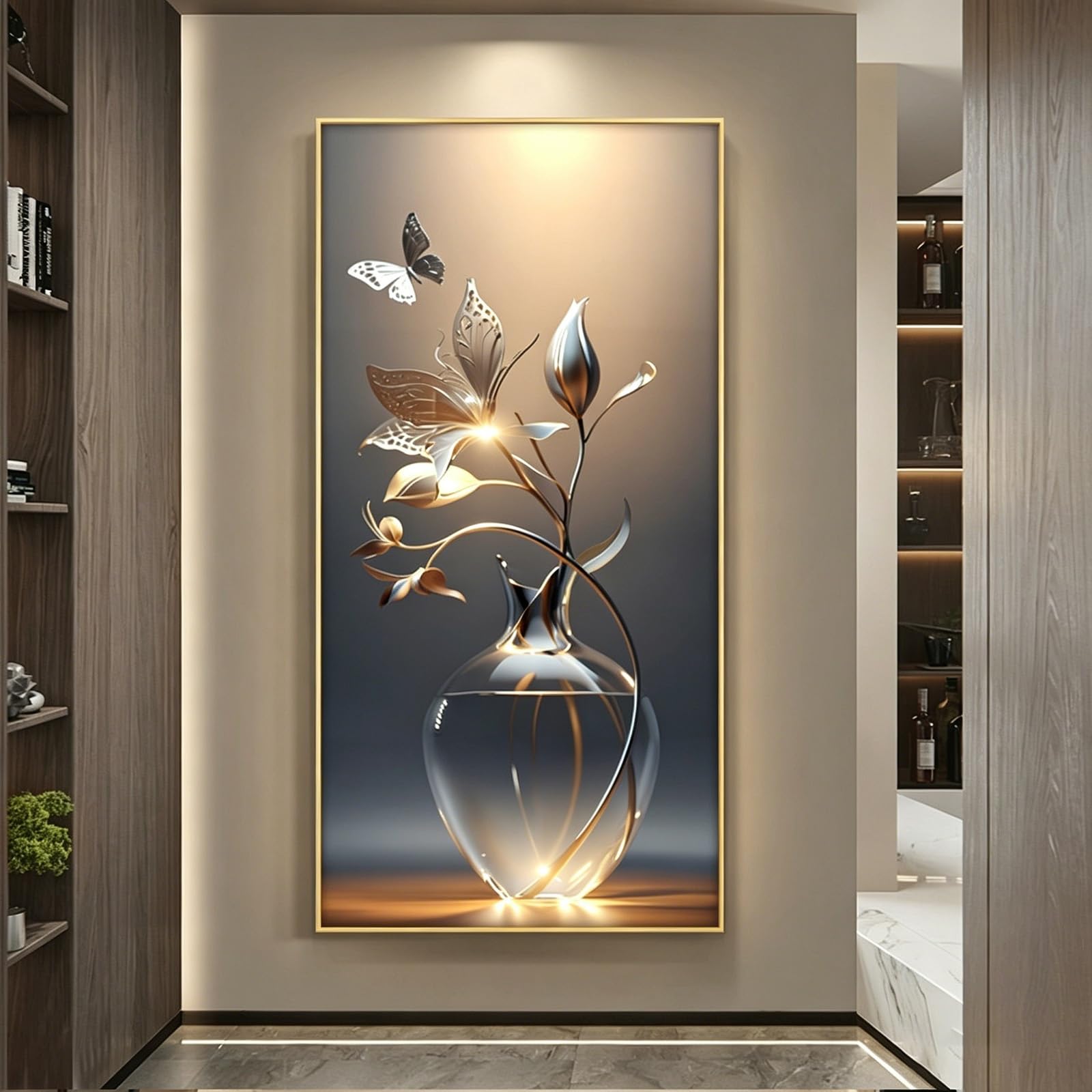 TgrGiEDenLO Crystal Porcelain 3D LED Wall Art, Lighted Butterfly & Floral Vase Wall Sculpture, Modern Entryway & Corridor Decor for Living Room(C,Gold,50x100cm/19.7x39.4in)