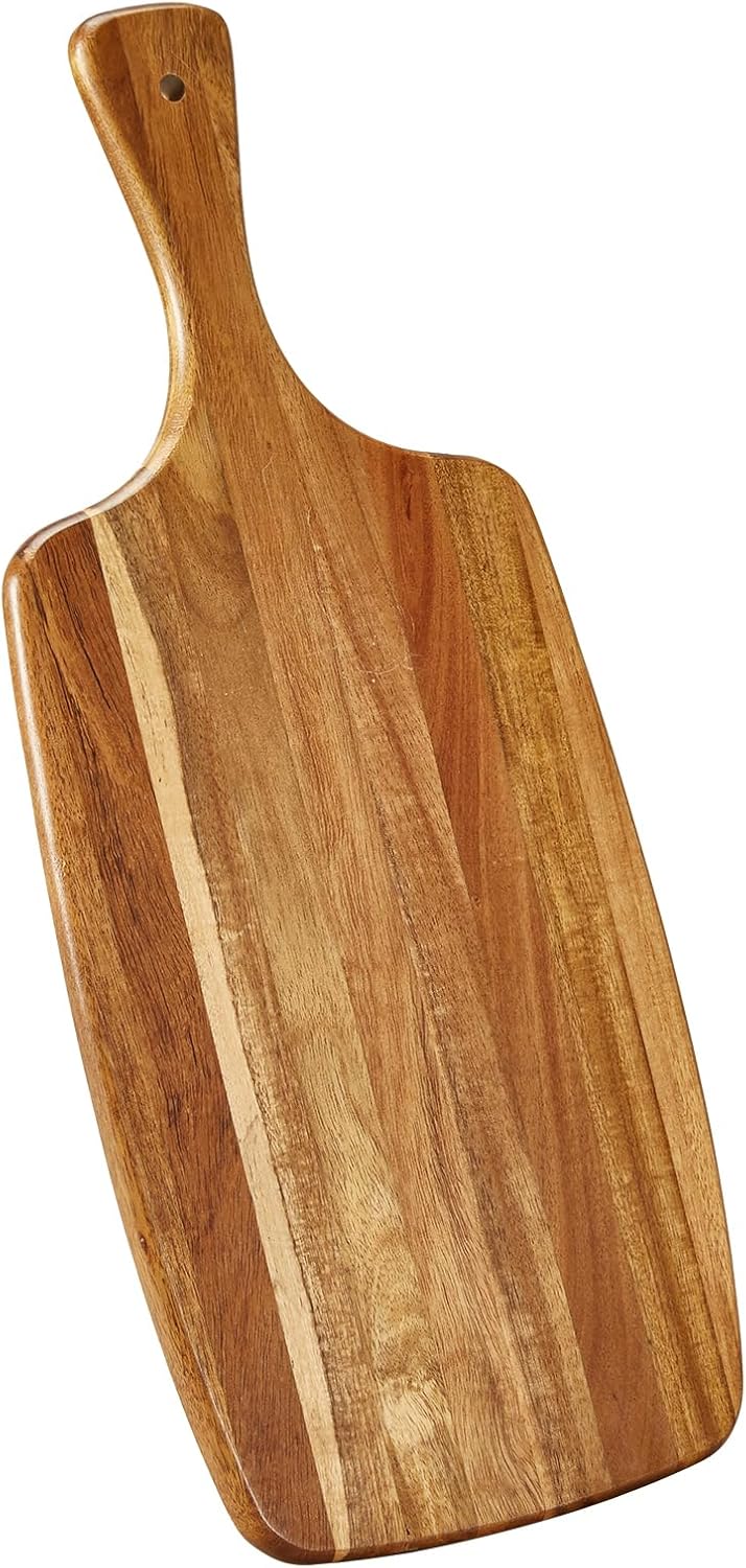 TEIBVG Acacia Wood Cutting Board and Cheese Board with Handle for Braed, Chopping Board, Meat, Fruits and Charcuterie - Decorative Wooden Serving Board for Kitchen, 17x7 Inch