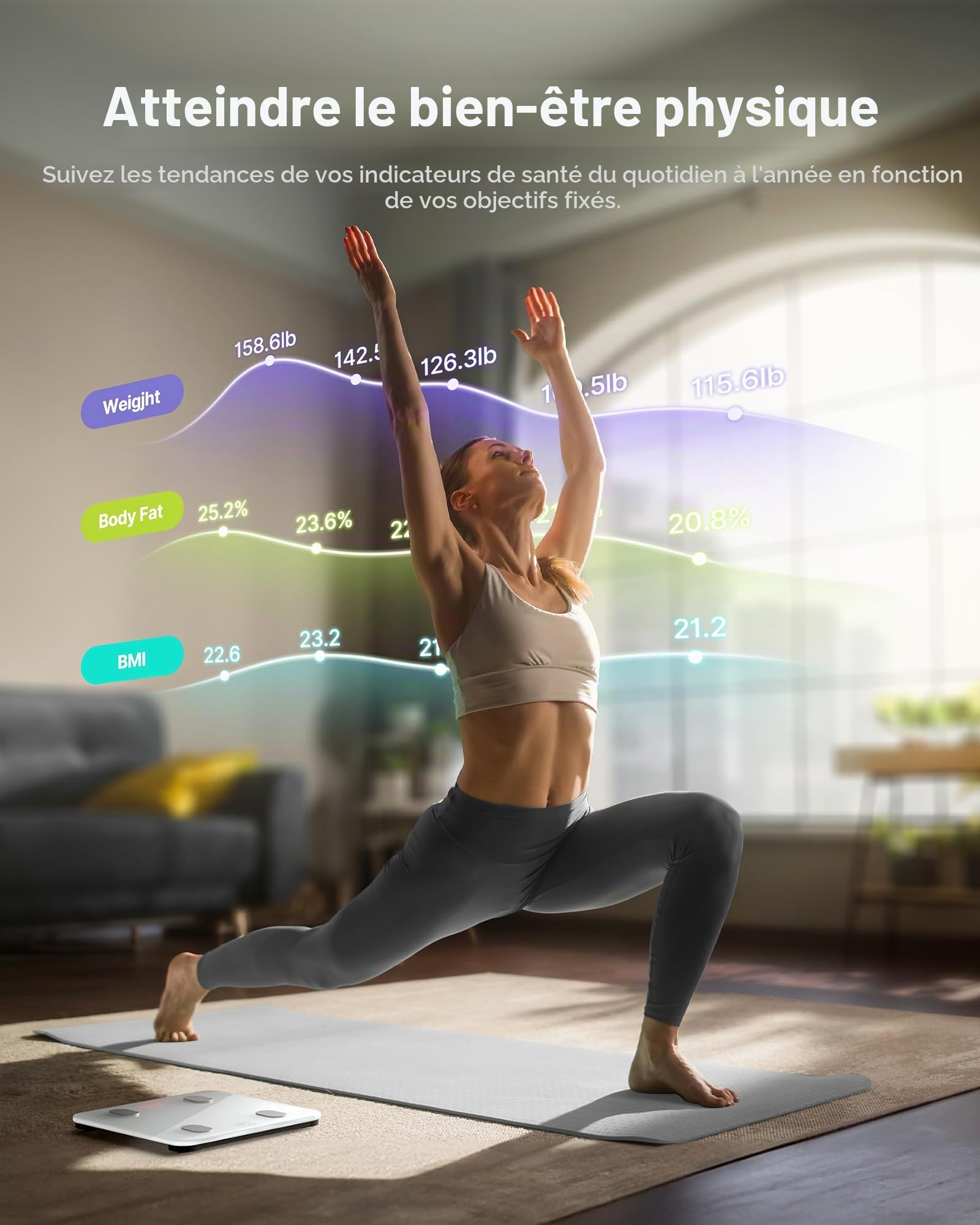 Pèse Personne Impédancemètre, FITINDEX Balance Connecté, Pèse-Personne Bluetooth Balance Salle de Bains Impedancemetre avec 13 Données Corporelles (BMI/Muscle/Graisse Corporelle/Masse Osseuse), Blanc