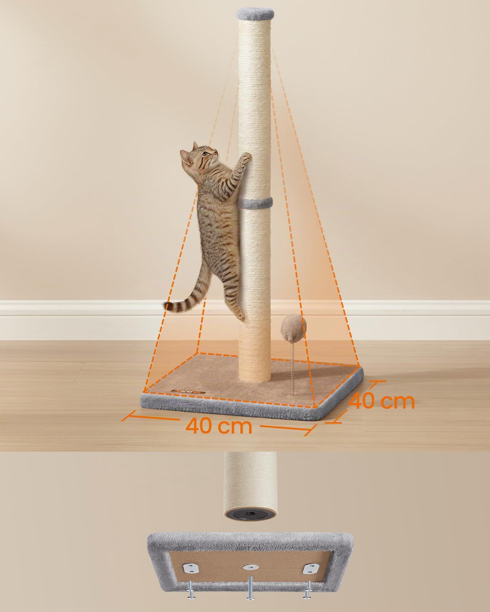 Feandrea Griffoir, 85 cm de haut, colonne à gratter, arbre à chat, tronc à gratter pour chatons et chats adultes normaux, tronc en sisal, avec balle en peluche et cloche, gris pigeon PCA040G01