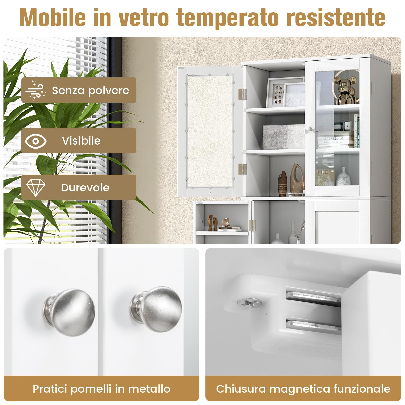 COSTWAY Credenza da Cucina, Dispensa da Cucina con Doppia Porta in Vetro Temperato, Armadio Salvaspazio con Anta Profonda a 14 Ripiani, per Soggiorno, Sala da Pranzo e Bagno, 60 x 32 x 161cm (Bianco)