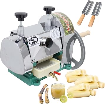 Manual Sugar Cane Juicer Press, Sugarcane Juice Press, Stainless Steel Exterior, 2.4" Wide Feed Port, Auto Separation