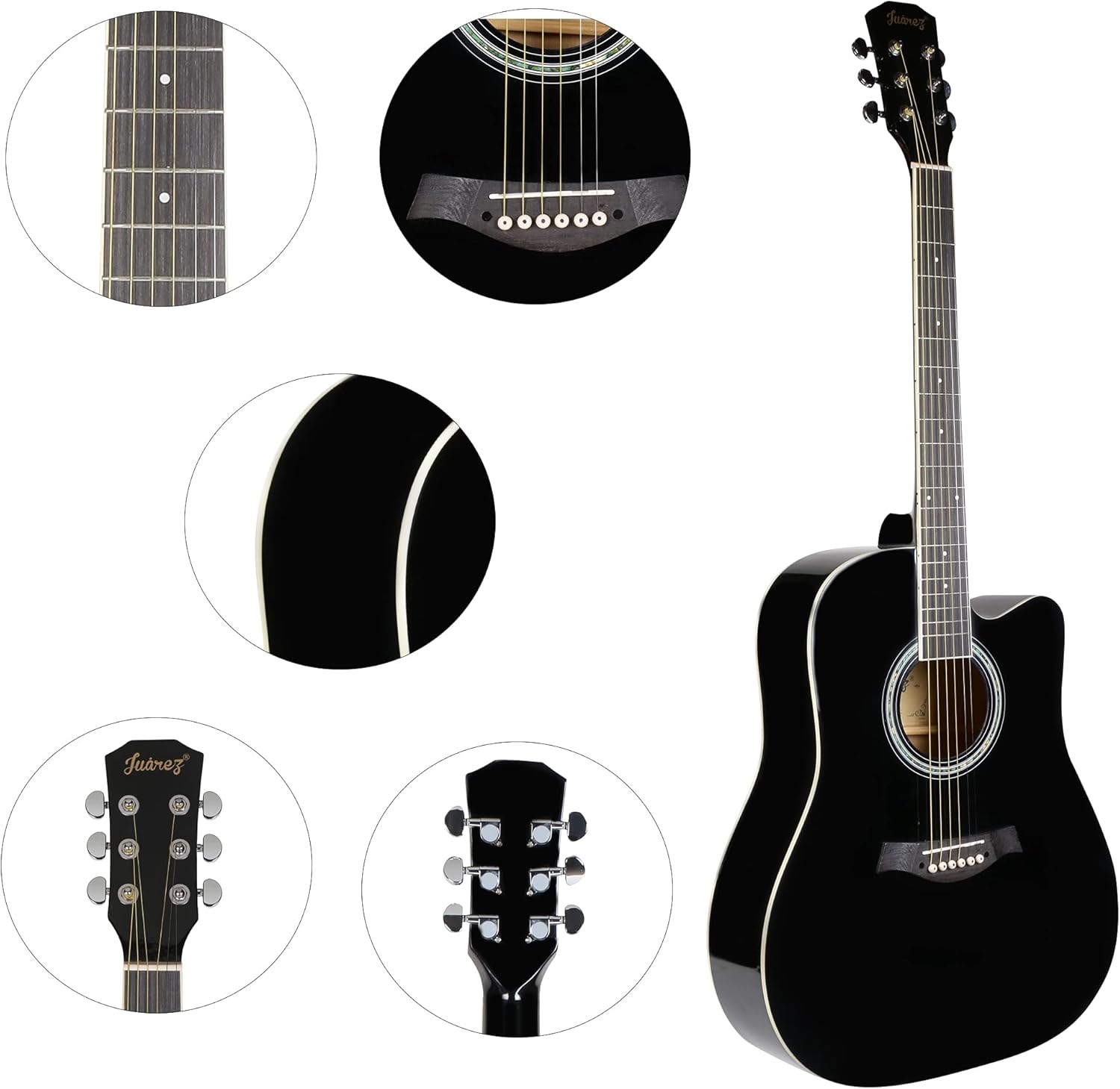 Juârez 38" Cutaway Acoustic Guitar with Bag, Strings, Plectrum and Strap, Black, 41 Inch Kit