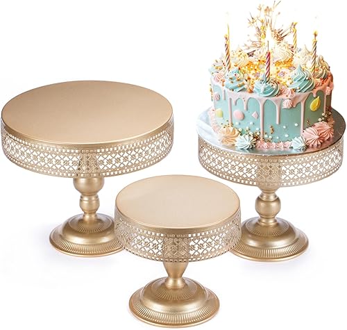 Hotity Juego de 3 soportes para tartas redondos, soportes metálicos para cupcakes para postres, dorado claro
