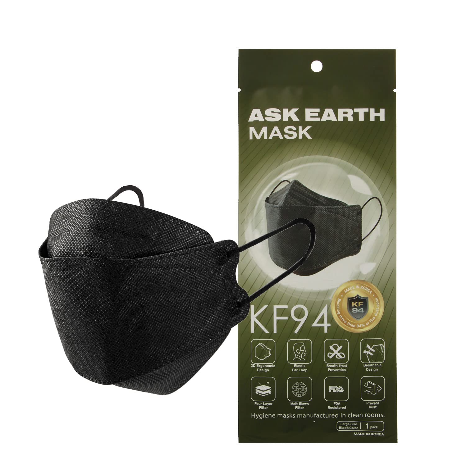 Letusto Ask Earth KF94 Face Masks 4 Layer Protection Safety Mask with 3D Design for Maximum Protection [Made In Korea]- Black