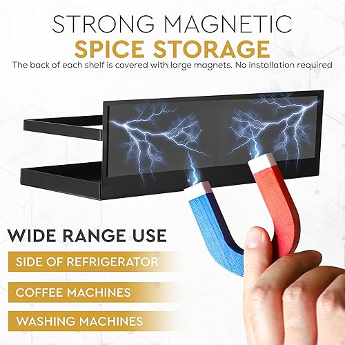 Miniatura 3 de Estante magnético para especias para refrigerador y horno, paquete de 5, estante magnético para refrigerador con 4 ganchos extraíbles, soporte para