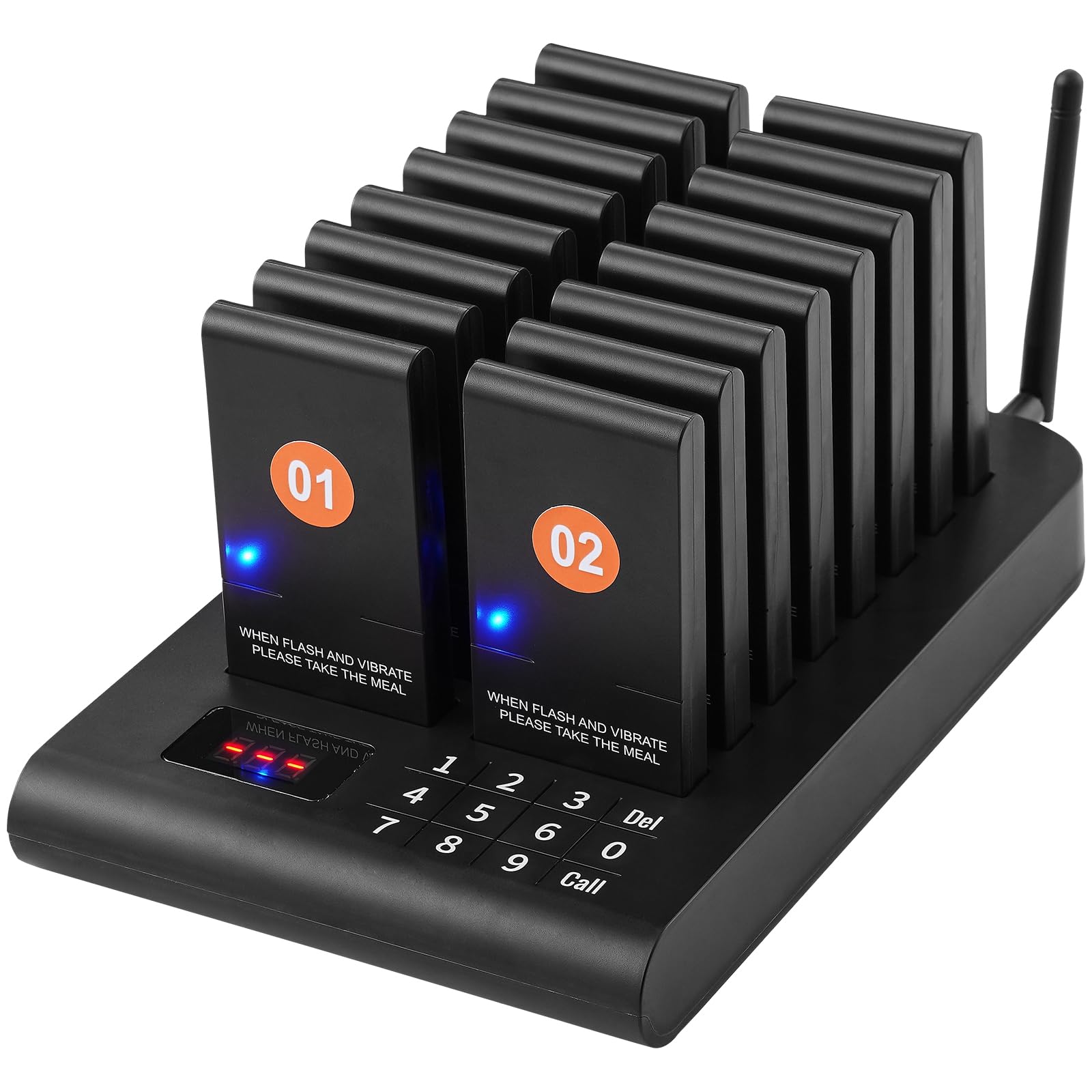 VEVOR Cercapersone per ristoranti, Segnale coda wireless con portata 500 m, Cercapersone per chiamata ospite con vibrazione e lampeggiamento, 16 cercapersone per camion di cibo, Chiesa