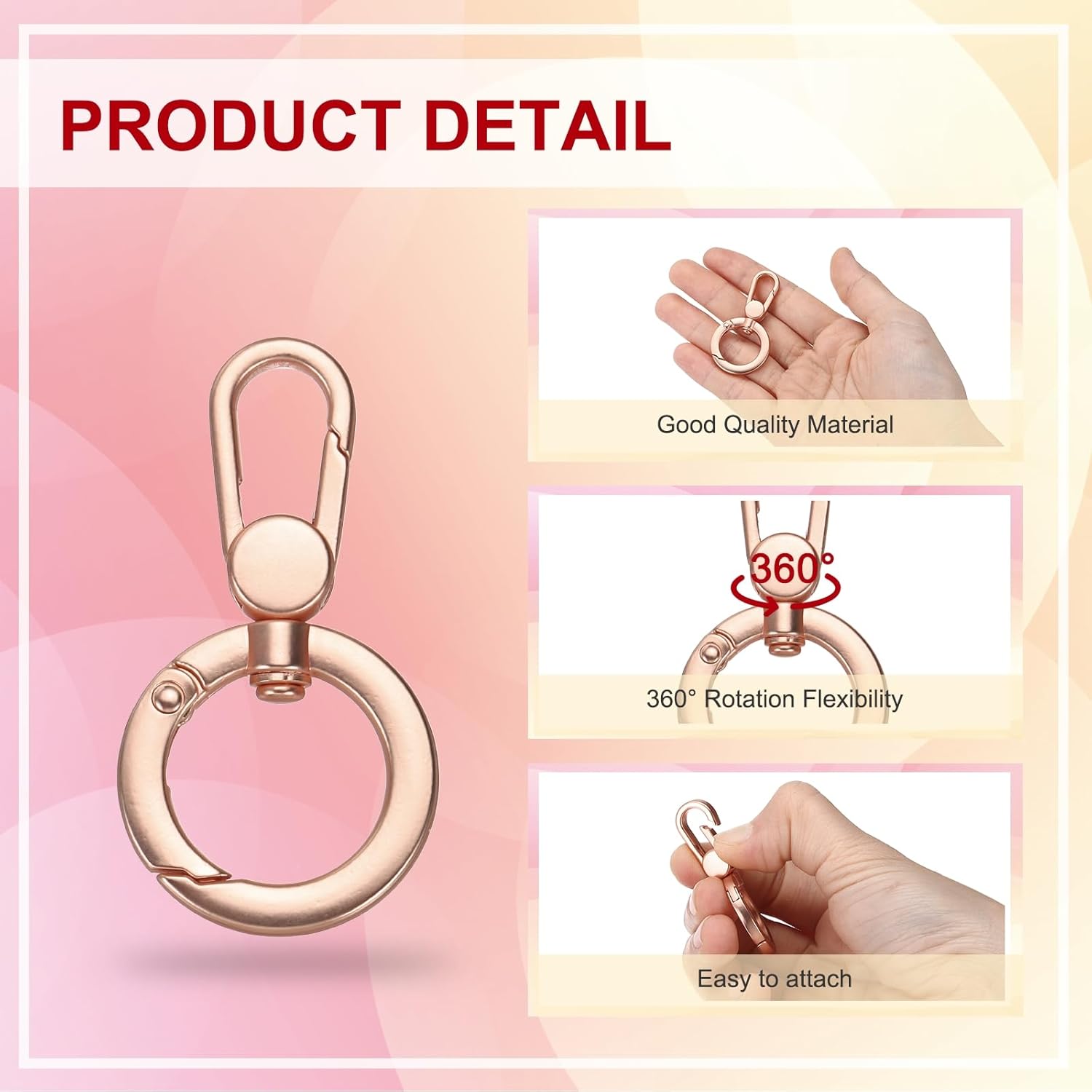 PATIKIL Phone Tether Tab, 2 Pcs Rotatable 360° Double Opening Snap Hooks Cell Phone Lanyard Patch Without Adhesive Phone Strap Replacement Part for All Full Phone Cases, Rose Gold