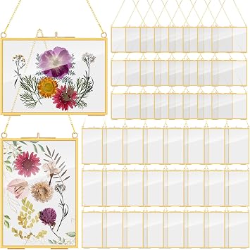 Barydat 12 Pack Pressed Flower Frames Adult Craft Kits Bulk 5 x 7 Inch Double Glass Floating Picture Frame Brass Hanging Photo Display with Chain for Dried Flowers Plants Artwork Wall Decor Gold