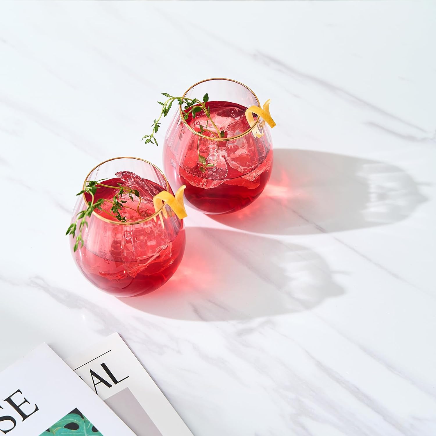 Khen Blush Red Large Wine Glassware | Set of 2 | Gold Rim Waterfall Balloon Shaped Glasses, Ripple Vibrant Ombre Color For Cocktails & Wine, Stemmed Vintage Gold Crystal Glass (14 OZ) - Image 5