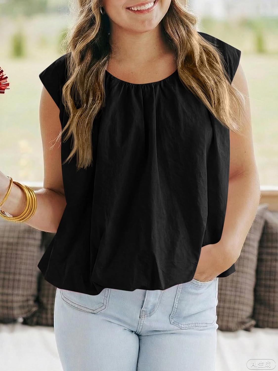 Cicy Bell Womens Summer Cap Sleeve Blouses Casual Pleated Open Back Crew Neck Bubble Tank Tops Bow Tie Cotton Shirts - Image 4