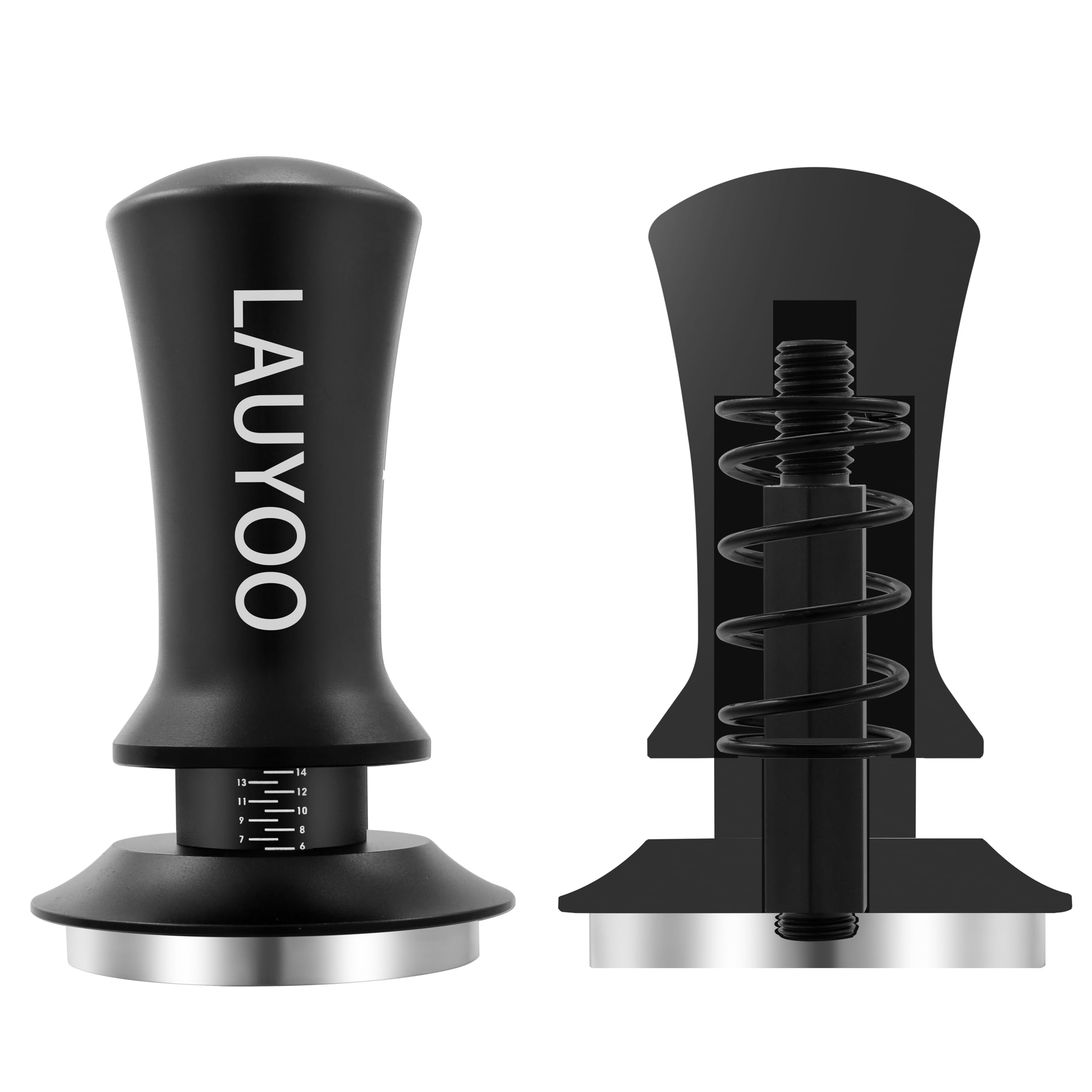 LAUYOO Espresso Coffee Tamper, Premium Barista Coffee Tamper with Calibrated Spring Loading, 100% Flat Stainless Steel Base Tamper for Espresso Coffee Machine (Black 53mm)