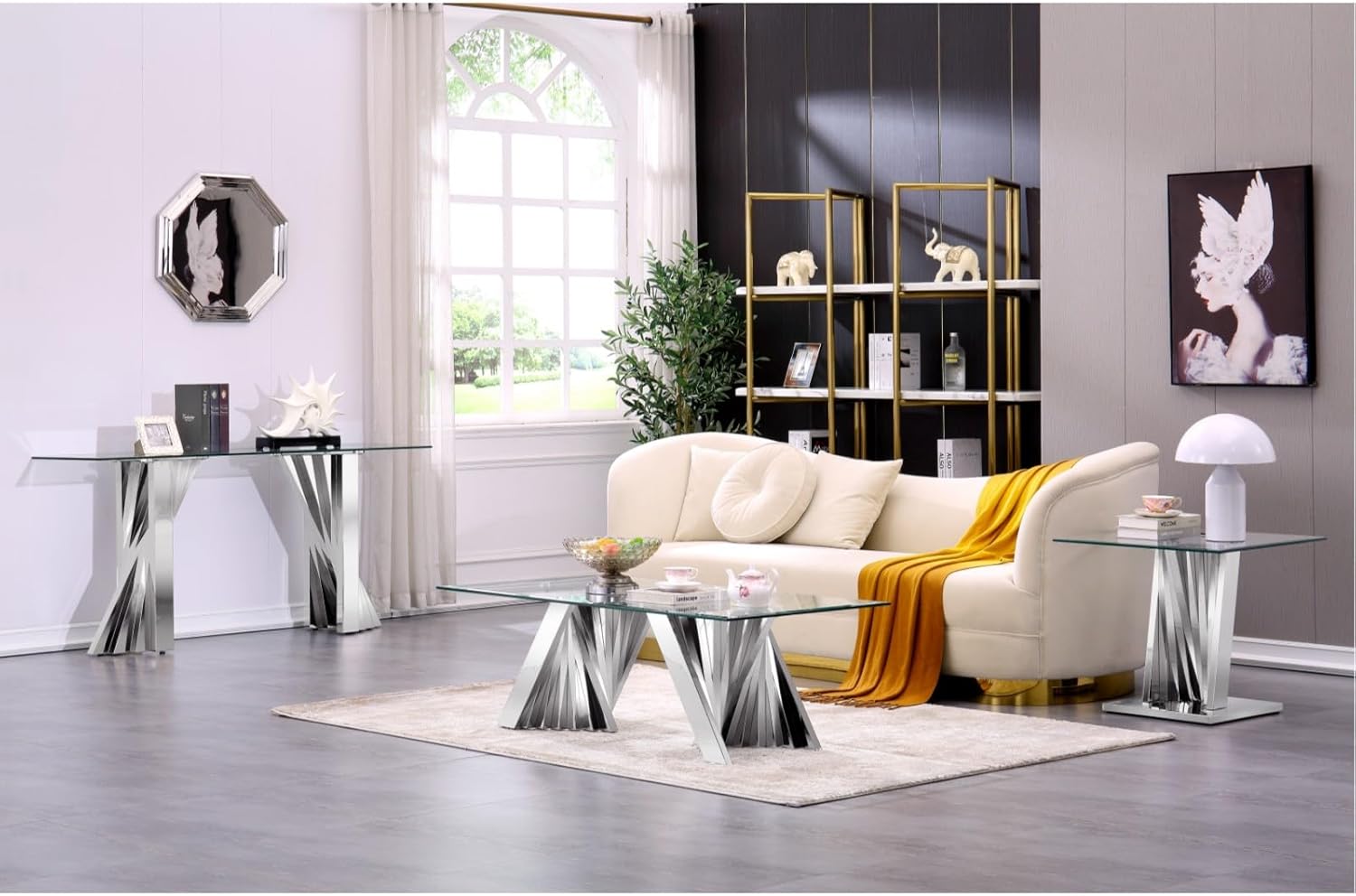 Modern Coffee Table, Clear Glass Living Room Coffee Table with Silver Geometric Base
