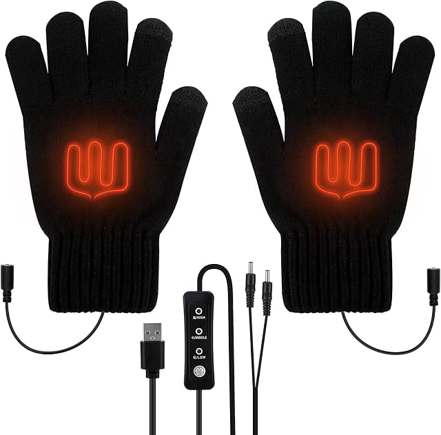 Brynnl Adjustable Temperature USB Heated Gloves for Men and Women, Screen Touch Electric Heated Gloves for Phone Laptop Removable & Washable Large Full Knitted Heated Hand Gloves for Winter Gift