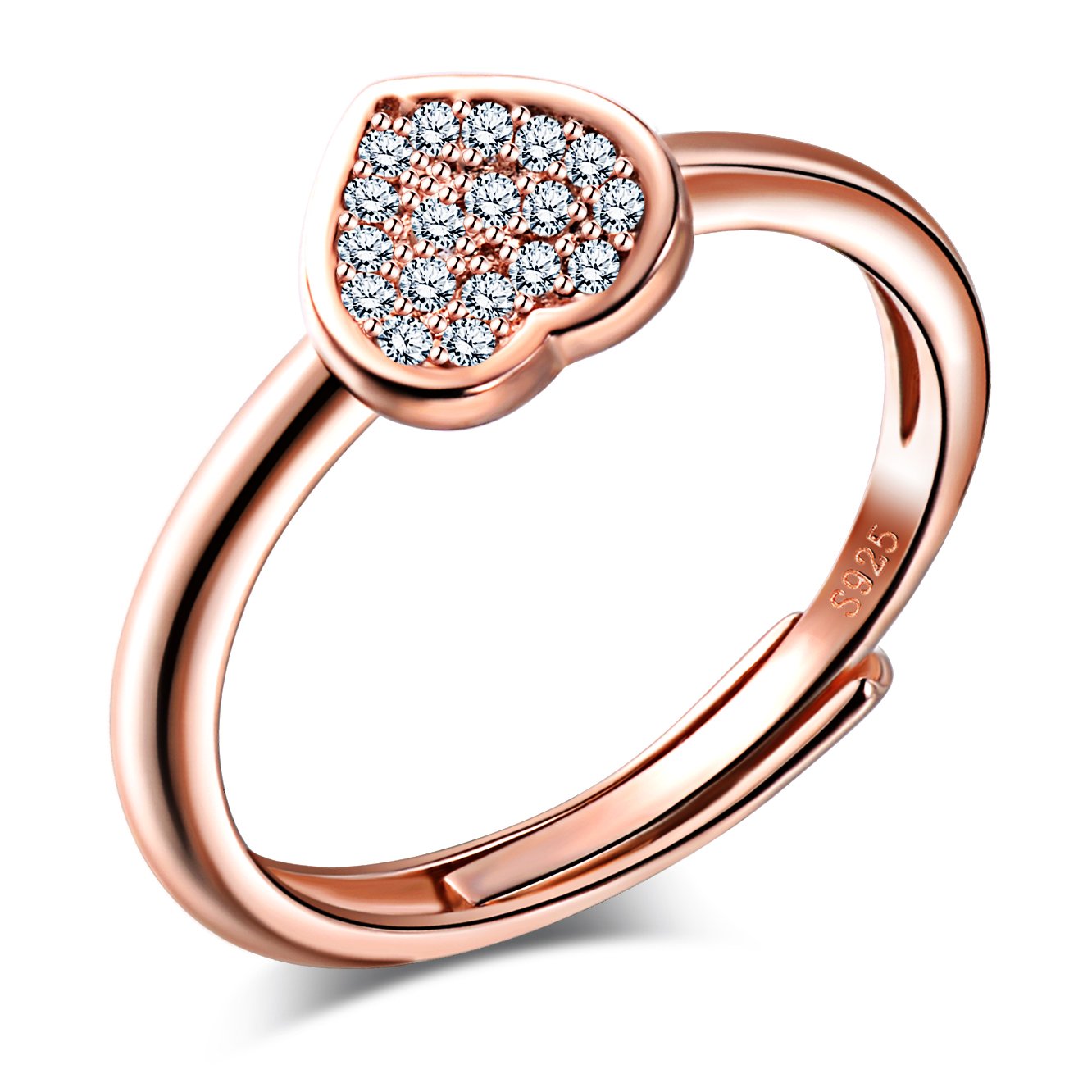 Unendlich UInfinito U Clásico Corazón Plata de ley 925 circonita abierto anillo anillos de compromiso boda ajustable tamaño 49 hasta 57, Rose Oro