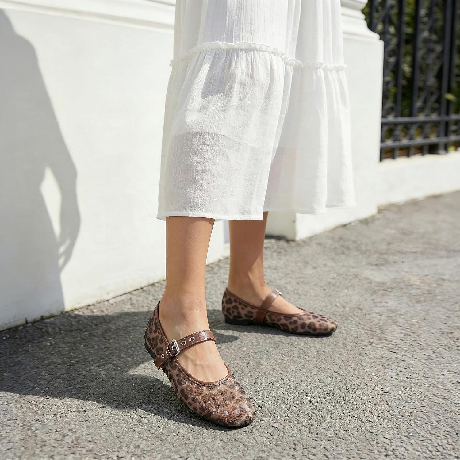 Rihero Mesh Ballet Flats Women Square Toe Mary Jane Ballerina Shoes