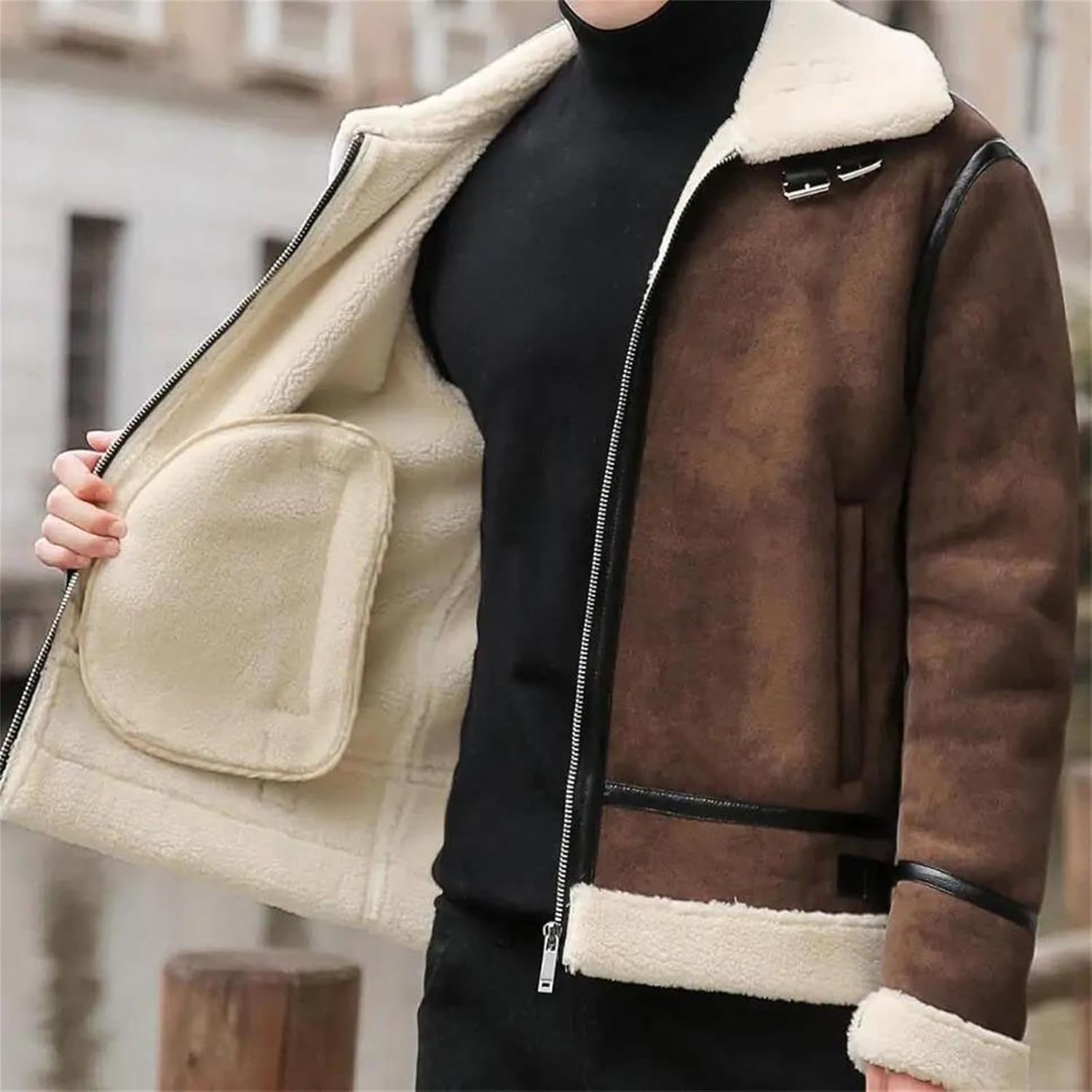 Men's Slim PU Leather Coat With Soft Fleece Liner Faux Fur Collar Winter Style Jacket Casual Daily Outerwear