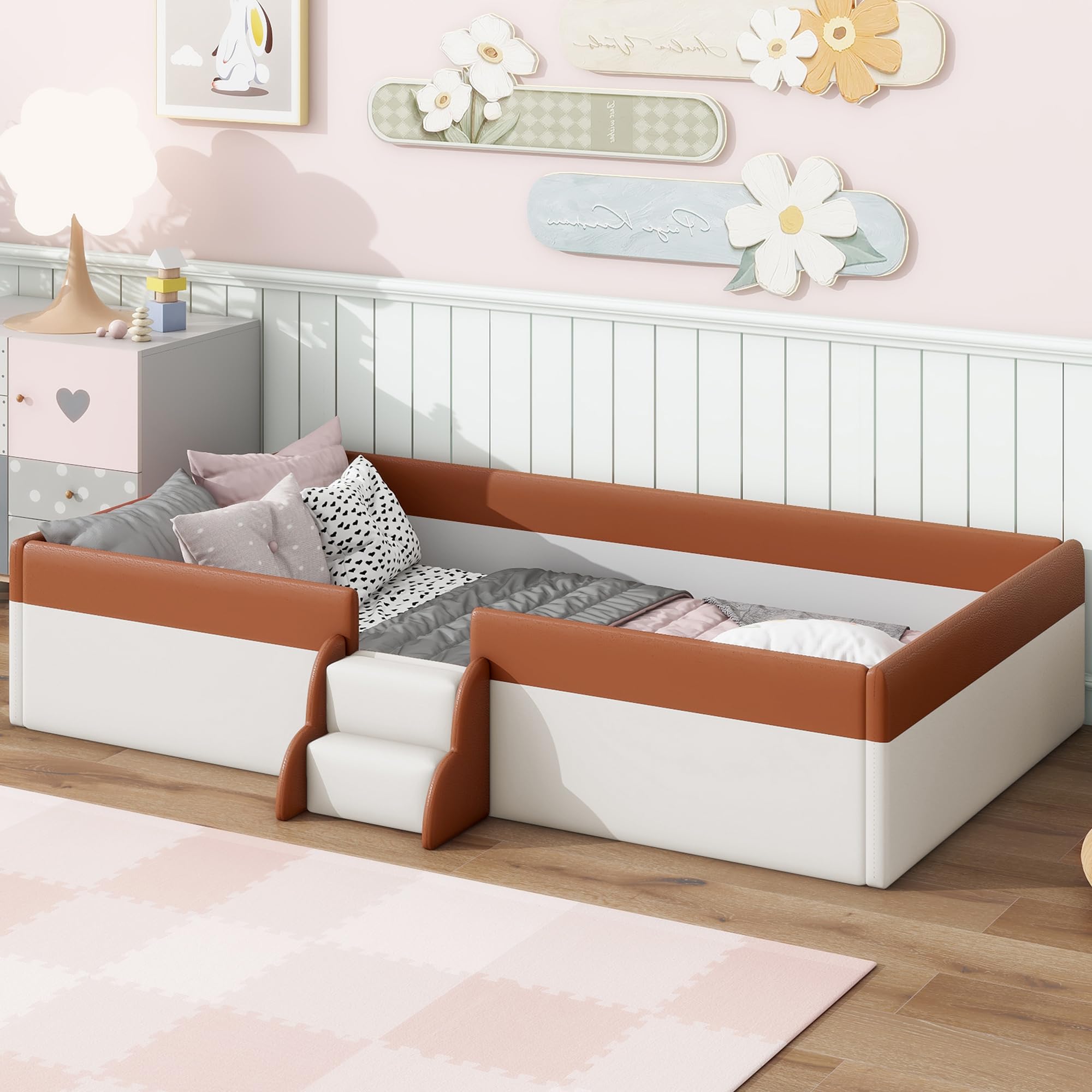 Twin Size Montessori Floor Bed with Stairs, PU Upholstered Floor Bed with Slats and Fence, Twin Size Montessori Beds for Kids, Girls, Boys, Easy Assemble, Brown White