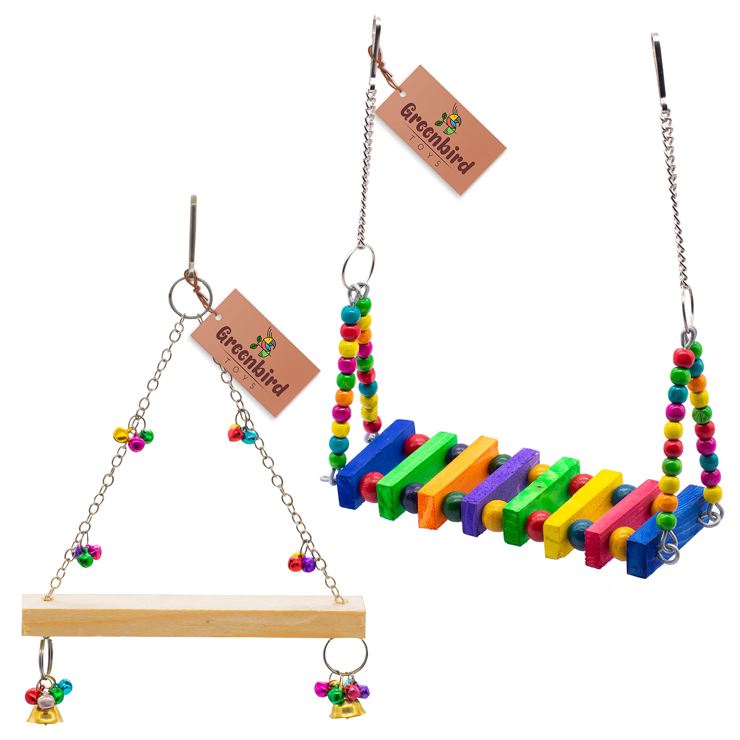 GREENBIRDS Toys Combo Pack of 1 Wooden Multicolor Swing & 1 Wooden Bird Perch Interactive Chewable Cage Toy Hanging Training Aid for Love Birds, Budgies Small & Medium Bird & Parrots