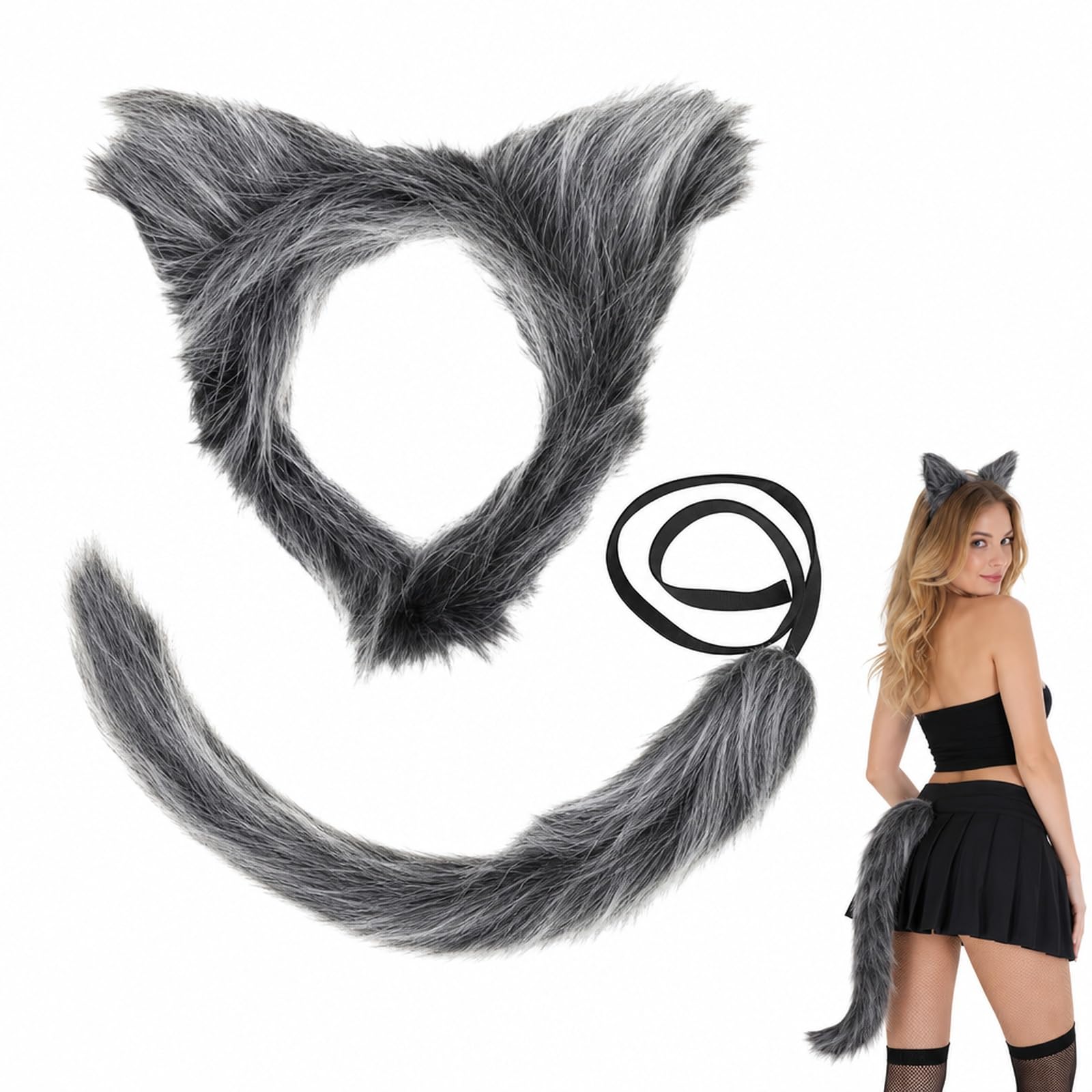 MAUDFEK Wolf Ears and Tail, Complete Wolf Costume Accessories Set for Halloween Parties and Cosplay Events, Realistic Furry Design with Adjustable Headband and Waist Strap