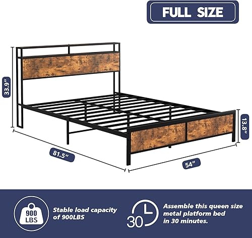 Miniatura 3 de Base de cama matrimonial con luces LED, cabecera de almacenamiento industrial con estación de carga y puerto USB, marco de cama industrial moderno