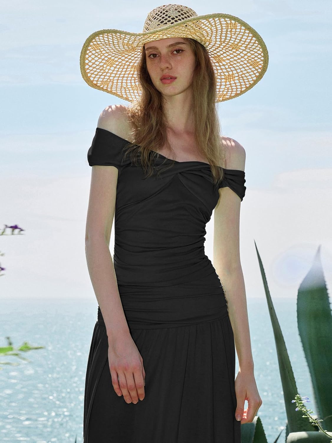 2 Piece Skirt Sets for Women - Two Pc Off The Shoulder Twist V Neck Tank Crop Top Ruched Waist Maxi Skirts Set - Image 5