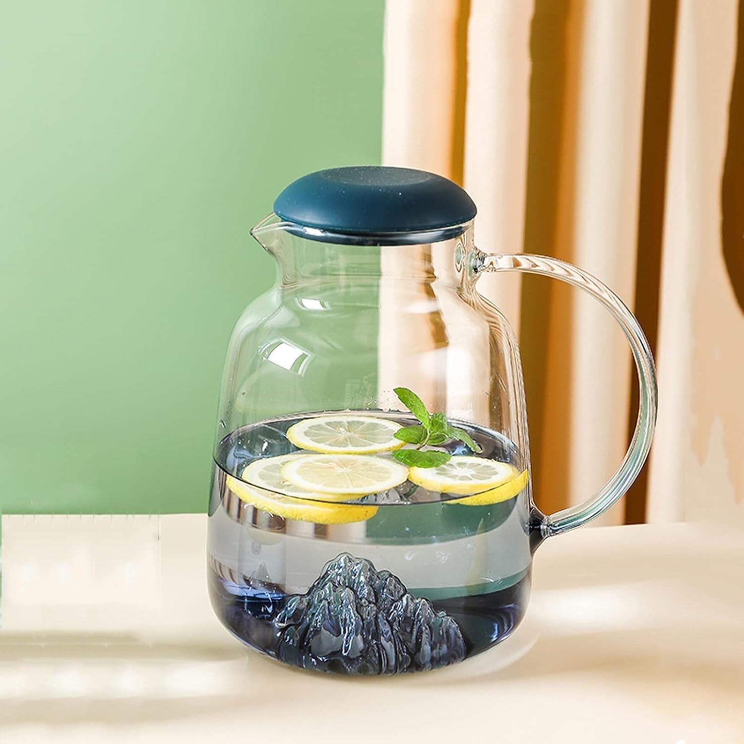 kettles Gradient Blue Glass Pitcher Jug Bottom with Iceberg Design Large Capacity Glass Carafe with Silicone Lid Household Water Jug canteen