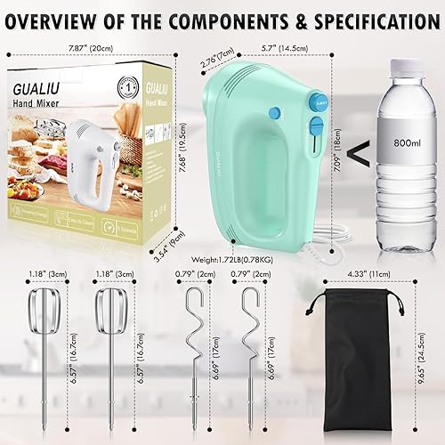 Miniatura 7 de GUALIU Batidora de mano eléctrica con batidor de acero inoxidable, accesorio de gancho para masa y bolsa de almacenamiento, batidora de mano para