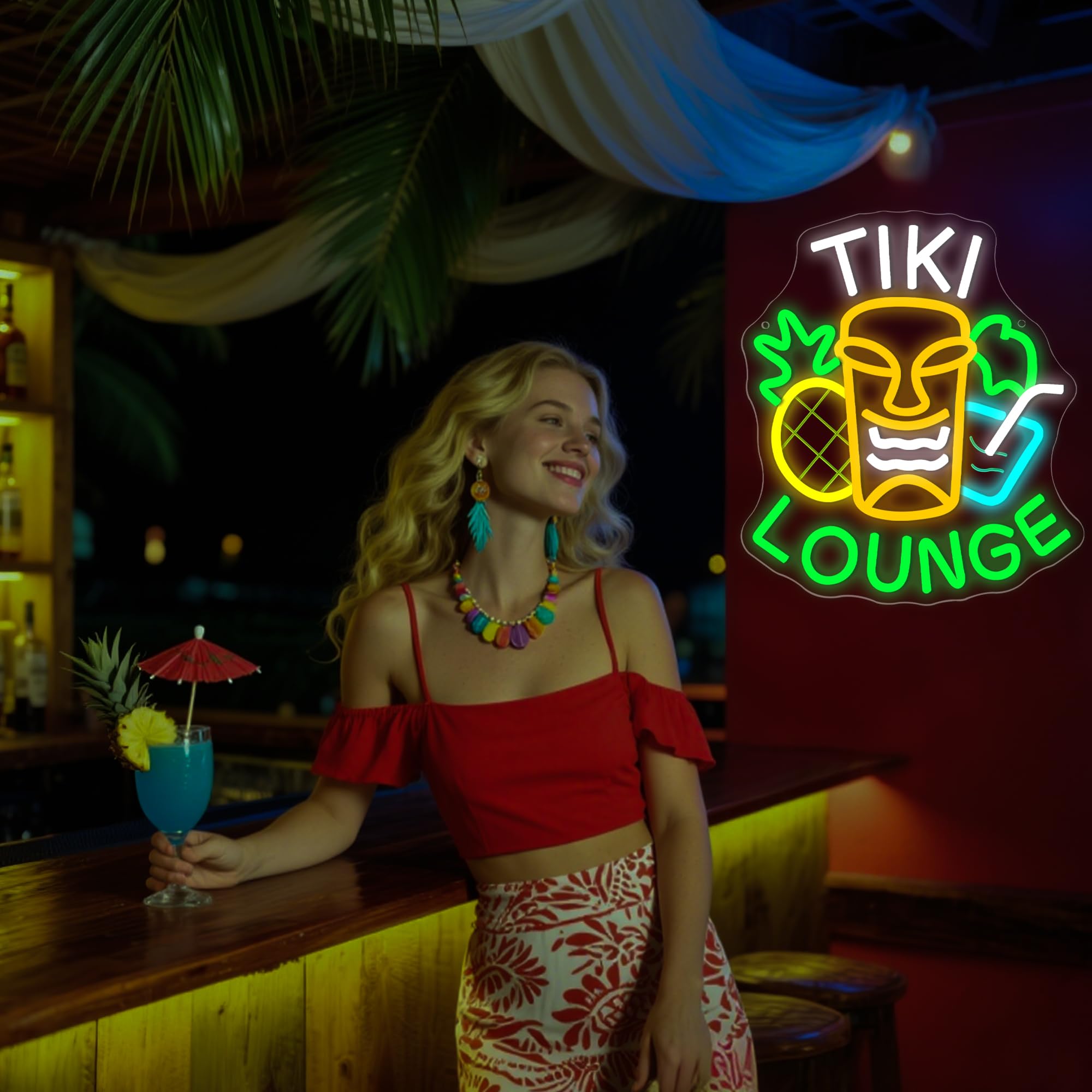 Tiki Lounge, Neonschild für Wanddekoration, dimmbar, Tiki-Bar, Neonlicht für Männerhöhle, Bier, Leuchtschild für Zuhause, Bar, Bierladen, Strand, Party, Schlafzimmer, Weihnachten, Geburtstag