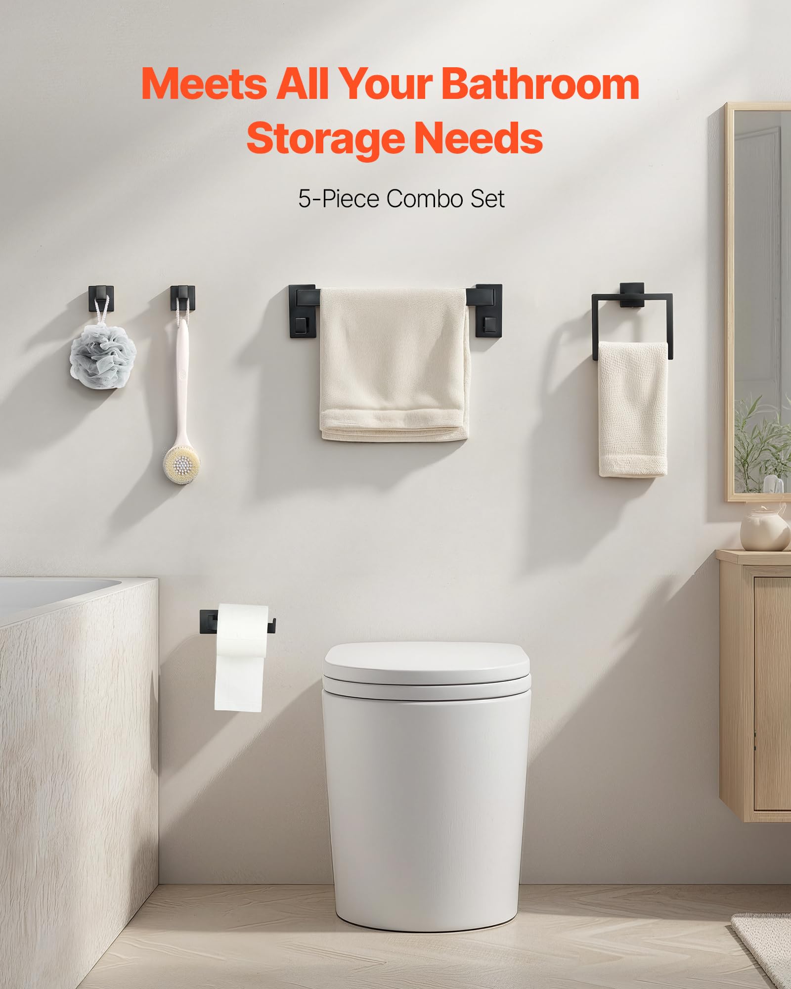 VEVOR Juego de Accesorios de Baño, Acero Inoxidable, con Toallero, Toallero Cuadrado, 2 Ganchos y Portarrollos Papel Higiénico, para Baño, Montaje en Pared, Negro Mate, 400 x 100 x 78 mm, 5 uds