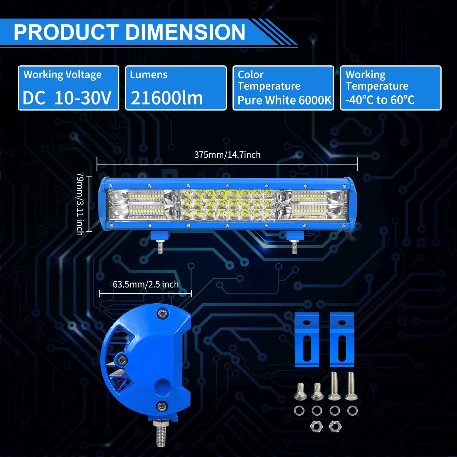 SKYWORLD 38cm 216W LED Arbeitsscheinwerfer Bar Blau LED Scheinwerfer 12V 24V 6000K Flutlicht Reflektor Combo Arbeitslicht Zusatzscheinwerfer mit Kabelbaum für Auto Offroad Traktor SUV UTV ATV