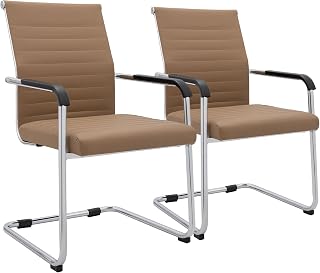 CLP Freischwinger Stühle 2er Set mit Armlehnen Hakon, Moderne Esszimmerstühle gepolstert in Lederoptik, Metallgestelle verchromt | Farbe Hellbraun