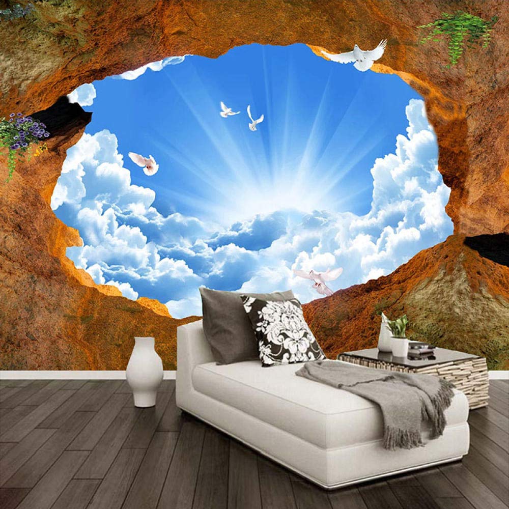 3D Natura Krajobraz Błękitne Niebo Białe Chmury Jaskinia Kamienna Ściana Duży Mural Tapety Malarstwo Salon Sypialnia Zdjęcie W Tle,400(W)*280(H) Cm