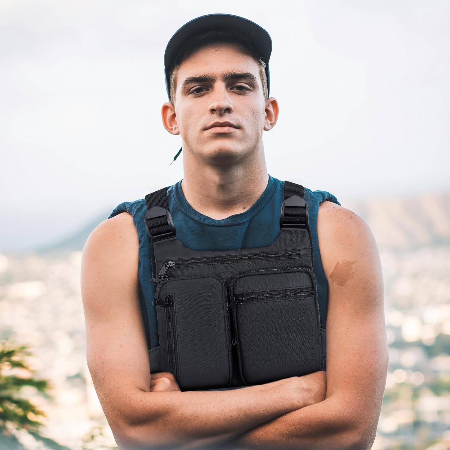 Running Chest Pack for Men Women, Lightweight Multi-Pocket EDC Chest Rig for Running Hiking Cycling Travel, Outdoor Sports Vest Bag with Adjustable Strap, Black