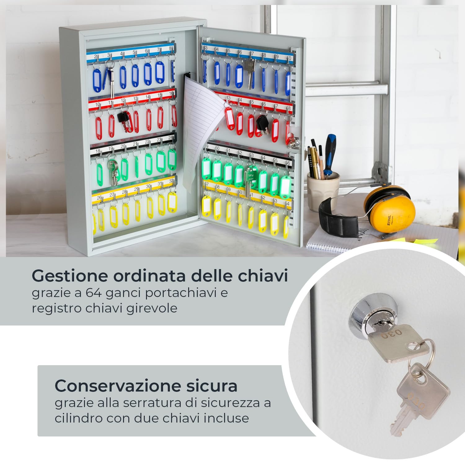 HMF Armadietto portachiavi in acciaio, Cassetta portachiavi con serratura per ufficio, amministrazione o parco veicoli | 64 ganci portachiavi | 45 x 30 x 8 cm | Grigio chiaro