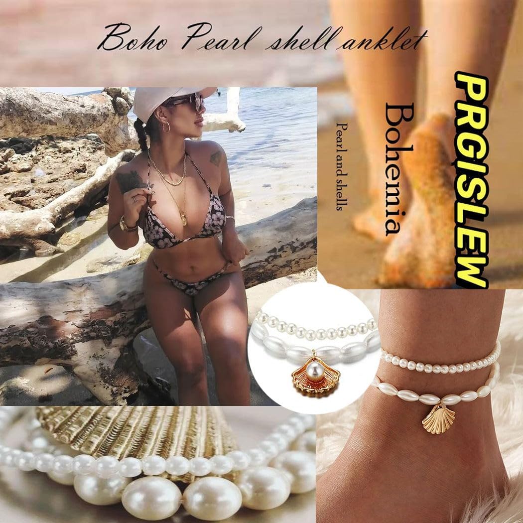 Boho Pearl Anklets for Women - 2Pcs Pearl Anklet Beaded Layered Ankles Bracelets Shell Pendant Elastic Foot Chain Shell Anklets for Women Fashion Jewelry - Image 5
