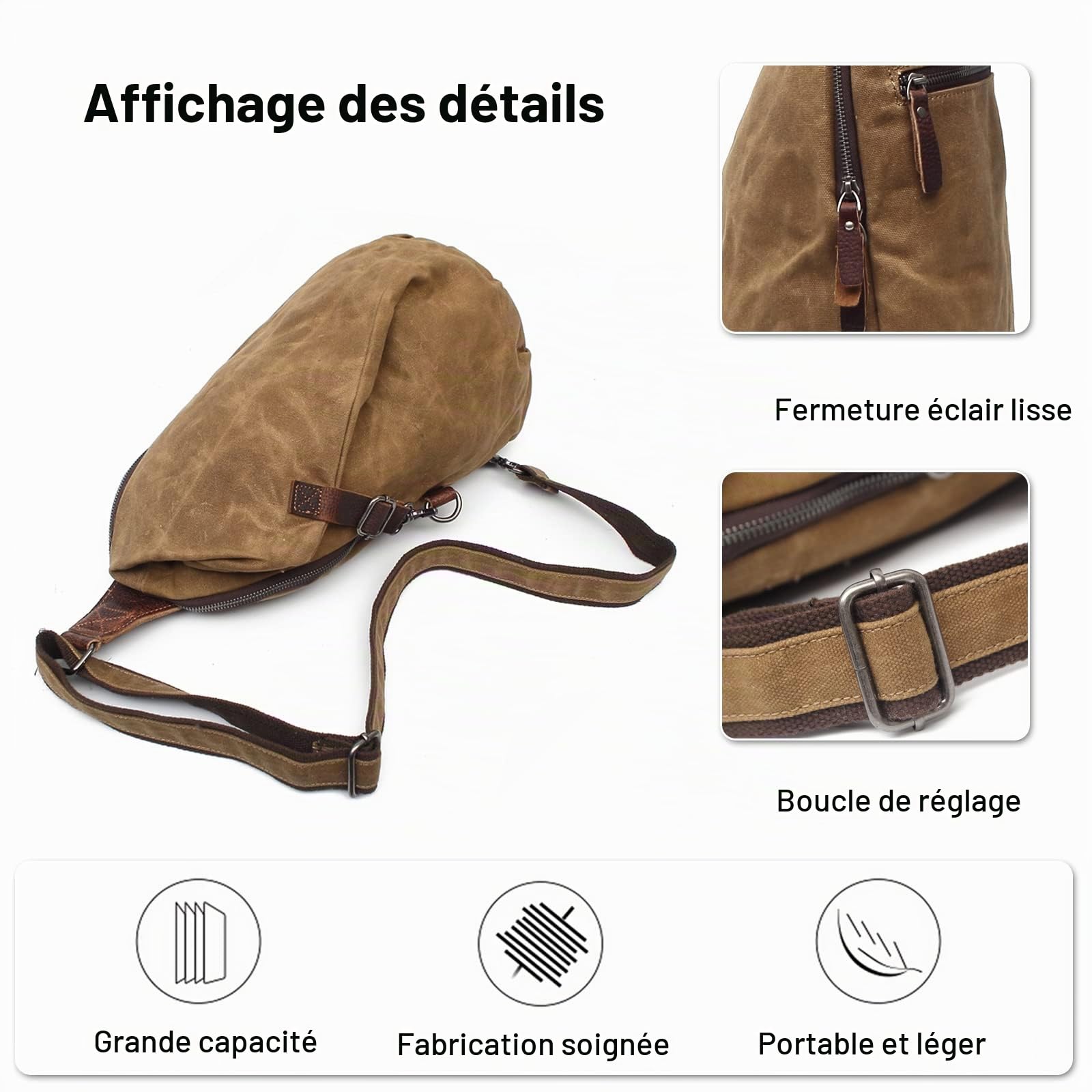 FANDARE Rétro Sac de Poitrine Toile Sac Bandoulière Sling Crossbody Bag Homme Sacoche Sac d'Epaule Sacoche de Ceinture pour Voyage Randonnée Camping Crossbody Bag Noir