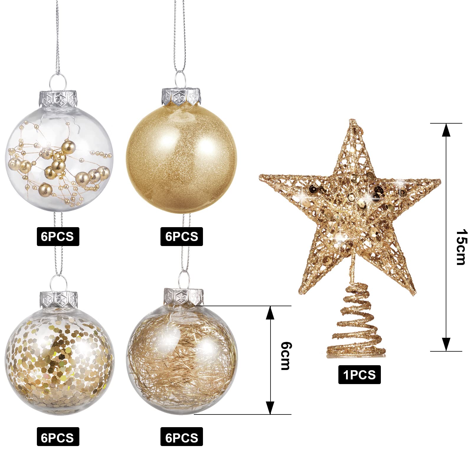 Lot de 24 boules de Noël en plastique incassable avec une étoile de sapin de Noël pour Noël, Nouvel An, mariage, maison, vacances, décoration de fête (champagne doré)
