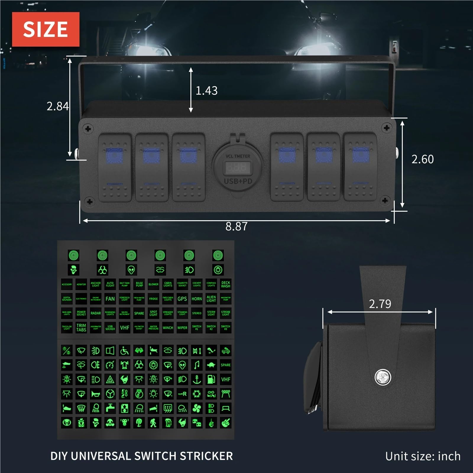 Interruptores marinos, Caja de interruptor basculante de 6 unidades, impermeable, 12 V, SPST, encendido/apagado, panel de interruptores de luz LED con doble salida USB PD3.0 y puerto USB QC3.0 for aut