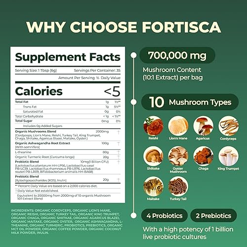 Miniatura 2 de Café de hongos con 10 hongos adaptogénicos (melena de león, cordyceps, cola de pavo y otros) mezclados, café instantáneo probiótico Ashwagandha para