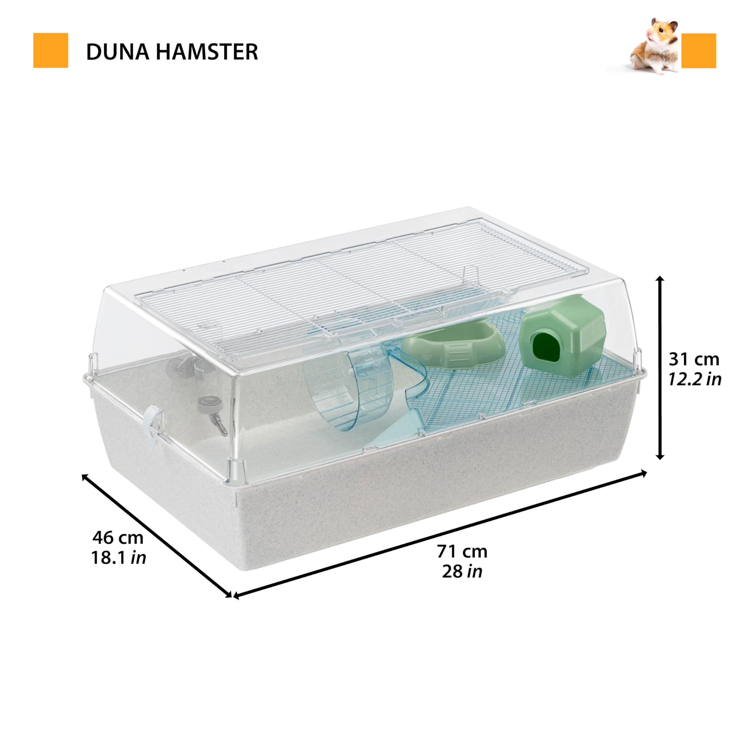 Ferplast Duna Hamster, Jaula para hámsteres y Ratones, Hábitat Modular con Rueda, Nido, Bebedero y Estante, Tapa Transparente, 71 x 46 x 31 cm