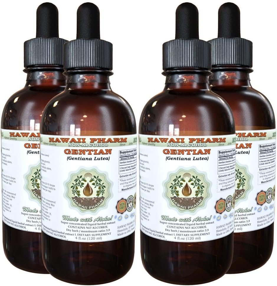 Hawaii Pharm Gentian Alcohol-Free Liquid Extract, Gentian (Gentiana Lutea) Dried Root Glycerite Natural Herbal Supplement 4 oz